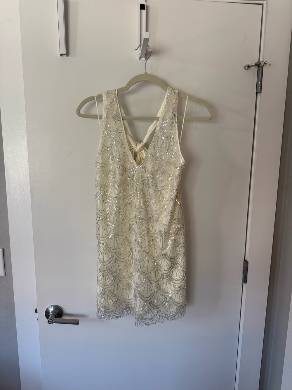 Ivory Sequin Beaded V-Neck Cocktail Dress